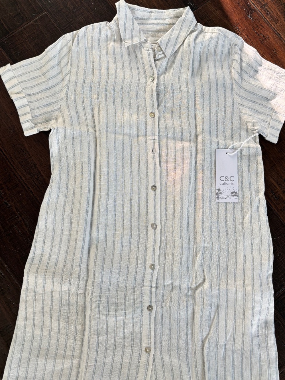 C&C California 100% Linen Striped Short Sleeve Shirt Dress, sz XS, White